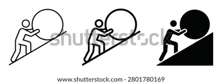 Man Pushing Boulder Up Hill Icon Set. Struggle, Effort, and Perseverance Concept. Persistence and Effort Concept Icon of Man Pushing Boulder.