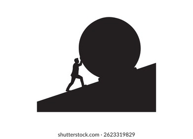 Man Pushing Boulder Up Hill Silhouette Illustration - Man Pushing Sphere Uphill