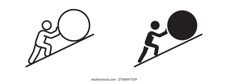 Man pushing a boulder uphill icon set in outline and silhouette style, representing struggle, persistence, hard work, and overcoming challenges, vector illustration.