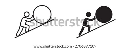 Man pushing a boulder uphill icon set in outline and silhouette style, representing struggle, persistence, hard work, and overcoming challenges, vector illustration.