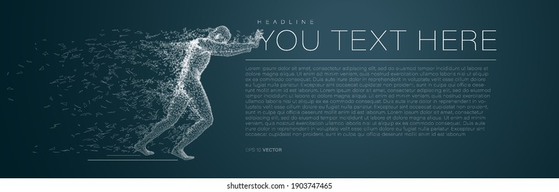 Man pushing box with text block vector illustration. Buisness concept. Low poly mesh vector render. The shape consists of lines, dots and polygones. Wireframe connection structure. EPS 10 vector