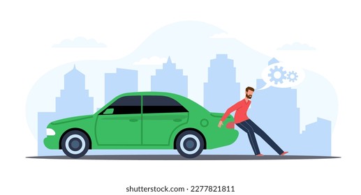 El hombre está empujando un auto roto por la carretera de la ciudad. Vehículo al borde de la carretera para la reparación del servicio. Accidente con el transporte, caricatura automovilística dañada ilustración plana. Concepto de evitación de averías por vectores