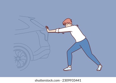 Man pushing broken car on road needs help of professional auto mechanic or tow truck for transport. Young unfortunate driver has difficulty pushing car due to broken engine or punctured tire