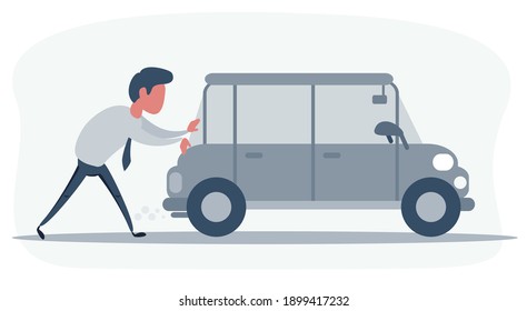 Man Pushing A Broken Car. Car Run Out Of Fuel. Vector Illustration, Flat, Cartoon Style, Isolated Background.