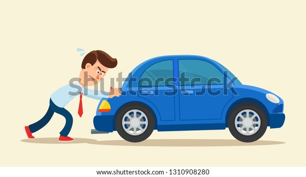 Man pushing a\
broken car. Car run out of fuel. Vector illustration, flat, cartoon\
style, isolated\
background.