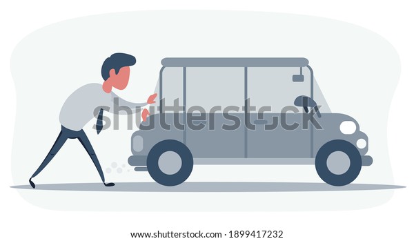 Man pushing a\
broken car. Car run out of fuel. Vector illustration, flat, cartoon\
style, isolated\
background.