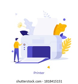 Man pushing button on giant inkjet or laser printer. Concept of computer hardware equipment, office electronic device for printing documents. Modern flat colorful vector illustration for banner.