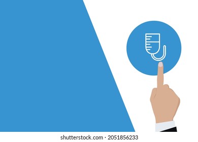 Man pushing button saline bottle Icon. Business for Profit, Benefit, viral, Development and growth, ads, concepts. Represented by a saline bottle Icon with copy space.