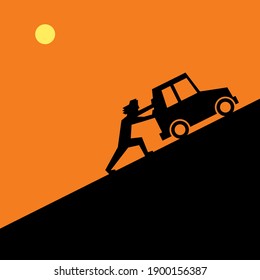 Man Pushing Car With Empty Fuel Tank Into The Mountain, Sunny Hot Day, Vector Illustration