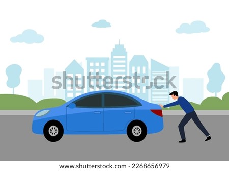 Man pushing car on street in flat design. Car breakdown.