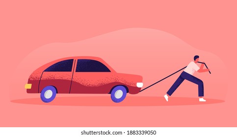 The Man Is Pushing The Car. Car Purchase Concept. Car Loan, Installment Plan. Broken Car. Flat Illustration.