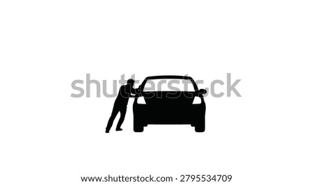Man Pushing Car Silhouette Against White Background