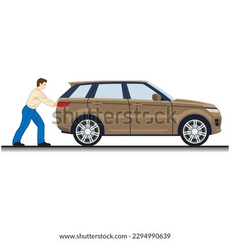 The man pushing a car. A stuck car. The man whose car broke down is pushing his car.