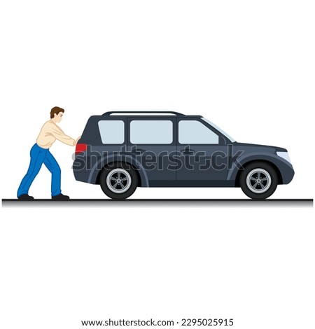 The man pushing a car. A stuck car. The man whose car broke down is pushing his car.