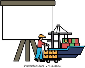 A man is pushing a cart with boxes on it. A boat is in the background. The man is wearing a hat