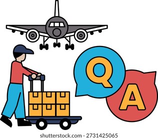 A man is pushing a cart with boxes on it. The cart is next to an airplane and a QA sign