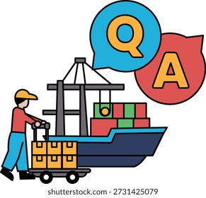 A man is pushing a cart with boxes on it. The cart is next to a boat. The boat is labeled with the letters QA