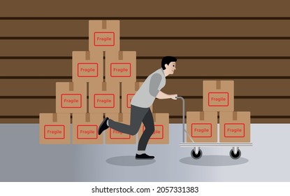 Hombre empujando el carro con cajas de cartón, hombre corriendo con carro de mercadería, vista lateral de un joven repartidor caminando con un carro con cajas a lo largo del pasillo del almacén