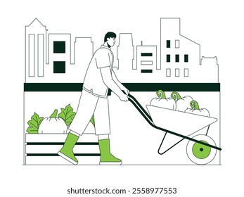 Man pushing a cart filled with pumpkins of different sizes, wearing casual clothes, high-rise buildings background, urban farming vector illustration.