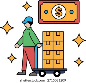A man is pushing a cart full of boxes. The image is about a man carrying a cart full of boxes, possibly for a delivery or transportation job. The man is wearing a hat and he is focused on his task