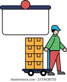Un hombre empuja un Carrito lleno de cajas. El Carrito está sobre ruedas y está siendo tirado por el hombre. Las cajas están apiladas una encima de la otra, y el hombre está caminando detrás del Carrito. La escena es simple