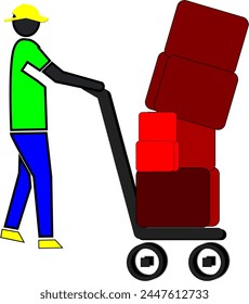 A man is pushing a cart with a pile of boxes on it. The boxes are red and the man is wearing a green shirt