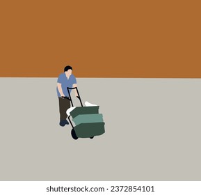 Man pushing cart with produce through the streets in the fresh market. Hand Truck Trolley Full of Packages For Delivery.