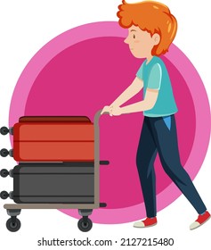 Man pushing cart with two luggages illustration