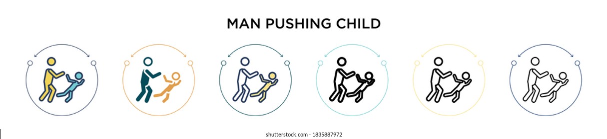 Man pushing child icon in filled, thin line, outline and stroke style. Vector illustration of two colored and black man pushing child vector icons designs can be used for mobile, ui, web