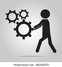 Man pushing cog wheel icon, vector illustration