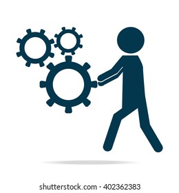 Man pushing cog wheel icon, navy blue vector illustration