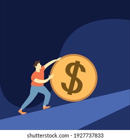 Mann, der eine Münze hochdrückt. Human Roll Dollar . das Wirtschaftswachstum