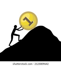 Man Pushing Coin Up, Financial Struggle Concept, Vector Illustration