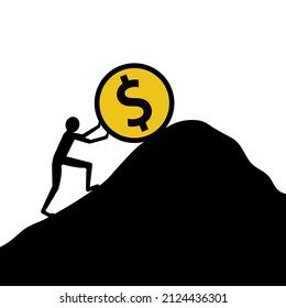 Man Pushing Dollar Coin Up, Financial Struggle Concept, Vector Illustration