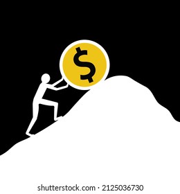 Man Pushing Dollar Coin Up, Financial Struggle Concept, Vector Illustration