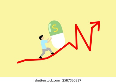 Man pushing dollar drug past arrow graphic as a rising medicine cost and prices surging costs of pharmacy concept. Healthcare expense, medicine. flat vector increasing health costs illustration.