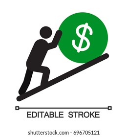 Man pushing dollar sign up silhouette icon. Hard work. Career growth. Isolated vector illustration. Editable stroke