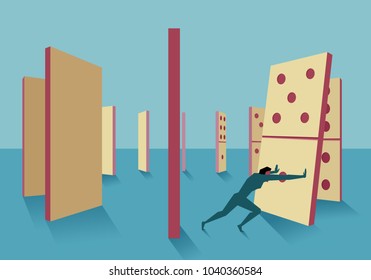 Man pushing domino piece from circle but last piece will crush him