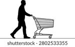 Man pushing empty shopping cart silhouette, walking shopper, customer buying groceries in supermarket store, isolated on white background