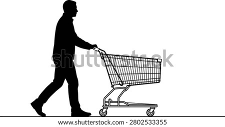 Man pushing empty shopping cart silhouette, walking shopper, customer buying groceries in supermarket store, isolated on white background