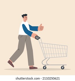 Man pushing empty trolley cart guy customer shopping. Buying items on sale. Vector Illustration