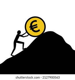 Man Pushing Euro Coin Up, Financial Struggle Concept, Vector Illustration