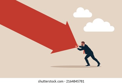 Man pushing falling down arrow with full effort. Survive investment crash, crisis or recession, pushing back or effort to win business challenge, economic recession.