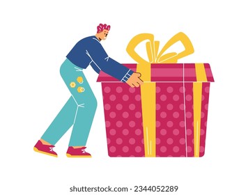 Man pushing forward huge gift box flat cartoon vector illustration isolated on white background. man with birthday present or holiday surprise, Christmas gift.