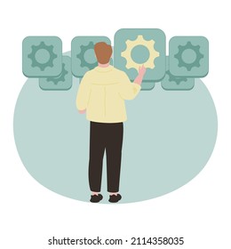 Man Pushing Gearwheel Button And Looking At Dropdown Menu. Concept Of Range Of Options, Choosing Between Different Features, Selection Of Alternatives. Modern Flat Vector Illustration For Banner.