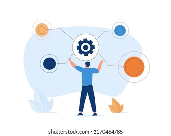 Man Pushing Gearwheel Button And Looking At Dropdown Menu. Concept Of Range Of Options, Choosing Between Different Features, Selection Of Alternatives. Modern Flat Vector Illustration For Banner.