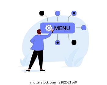 Man Pushing Gearwheel Button And Looking At Dropdown Menu. Concept Of Range Of Options, Choosing Between Different Features, Selection Of Alternatives. Modern Flat Vector Illustration For Banner.