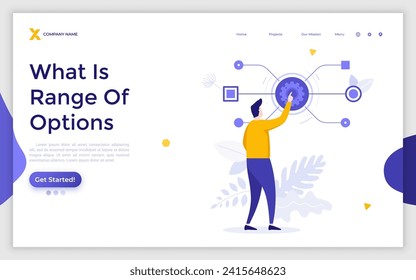 Man pushing gearwheel button and looking at dropdown menu. Concept of range of options, choosing between different features, selection of alternatives. Modern flat vector illustration for banner.