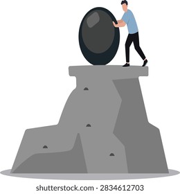 Man Pushing Giant Boulder Upward Mountain Slope Challenge Vector