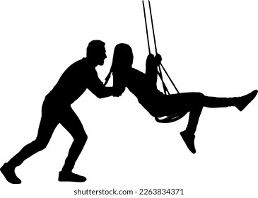 Man pushing girl on swing silhouette, sketch drawing of drawing of girl swinging on swing, woman sitting on swing vector